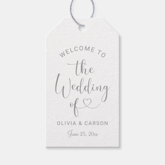 Moderne Silver Heart Script Wedding Willkommen Geschenkanhänger (Vorderseite)