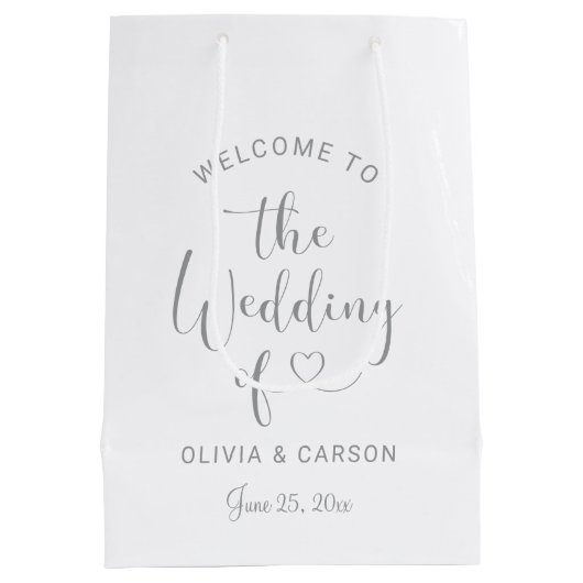 Moderne Silver Heart Script Wedding Willkommen Mittlere Geschenktüte (Rückseite)