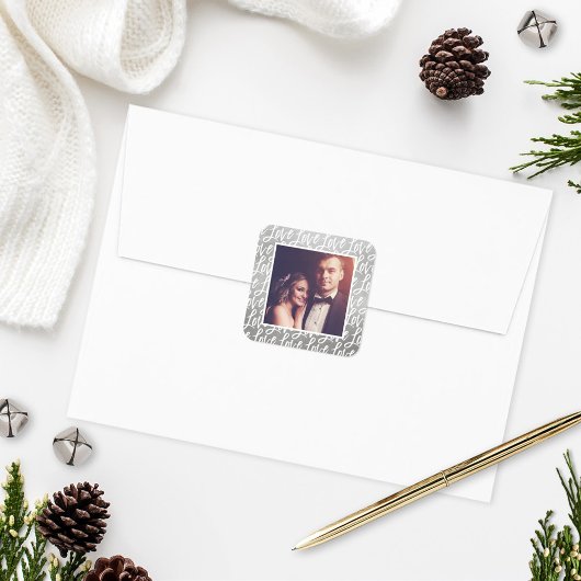 Moderne Silver Liebe in Script Wedding Foto Quadratischer Aufkleber