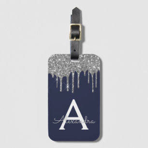 Moderne Silver Navy Blue Glitzer Sparkeller Monogr Gepäckanhänger