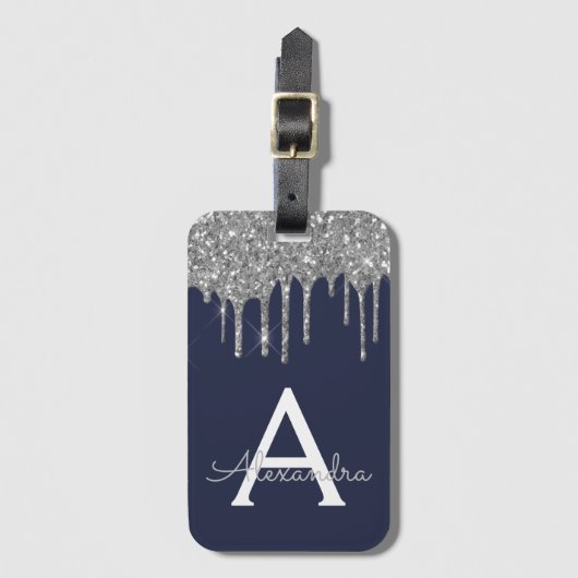 Moderne Silver Navy Blue Glitzer Sparkeller Monogr Gepäckanhänger (Vorderseite Vertikal)