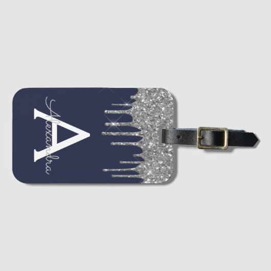 Moderne Silver Navy Blue Glitzer Sparkeller Monogr Gepäckanhänger (Vorderseite (Horizontal))