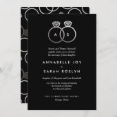 Moderne Silver Rings Black Wedding Einladung (Vorne/Hinten)