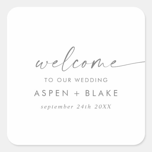 Moderne Silver Script Wedding Willkommen Quadratischer Aufkleber (Vorderseite)
