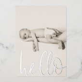 Moderne Silver Text Hello Foto Baby Ankündigung (Vorderseite)