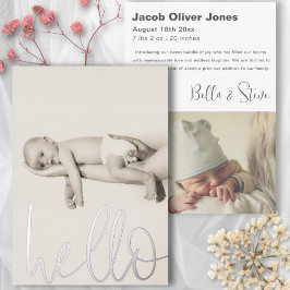 Moderne Silver Text Hello Foto Baby Ankündigung
