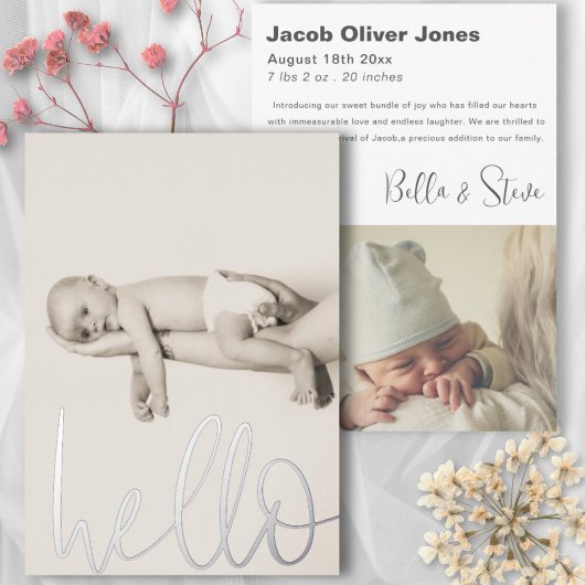 Moderne Silver Text Hello Foto Baby Ankündigung
