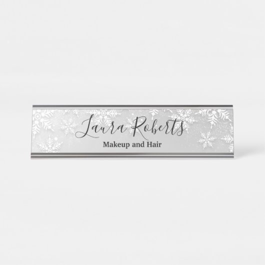 Moderne Silver Winter Schneeflocken Schreibtischnamensplakette (Vorderseite )