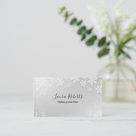 Moderne Silver Winter Snowflakes Business Card Visitenkarte (Stehend Vorderseite)