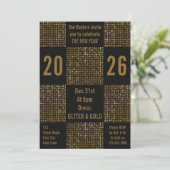 Moderne Silvester-Party Schwarz & Gold Glitter Fei Einladung (Stehend Vorderseite)