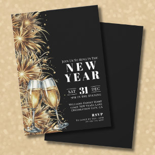 Moderne Silvesterparty mit schwarzem Gold Champagn Einladung