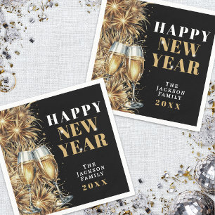 Moderne Silvesterparty mit schwarzem Gold Champagn Serviette