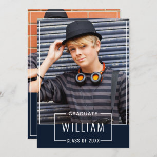 Moderne Simple Navy 2 FOTO Graduation Party Einladung