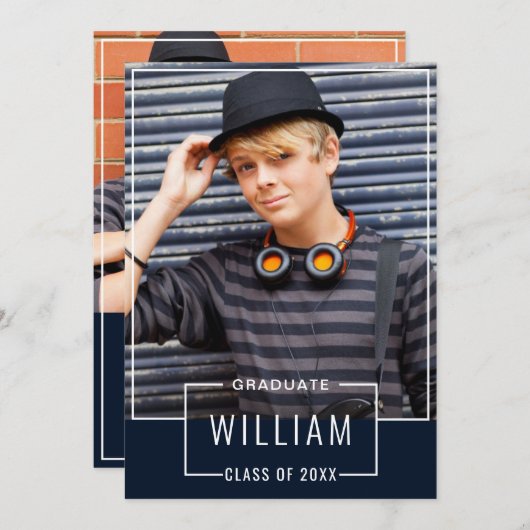 Moderne Simple Navy 2 FOTO Graduation Party Einladung (Vorne/Hinten)