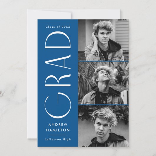 Moderne Simplizität Blue 3 Foto Graduation Party Einladung (Vorderseite)