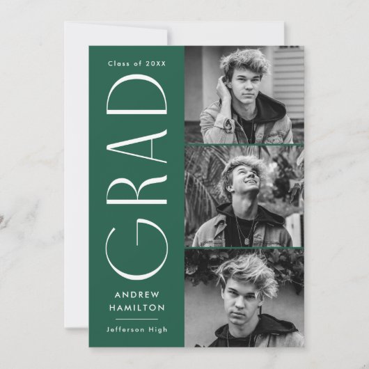 Moderne Simplizität Green 3 Foto Graduation Party Einladung (Vorderseite)