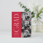 Moderne Simplizität Red 3 Foto Graduation Party Einladungspostkarte (Stehend Vorderseite)