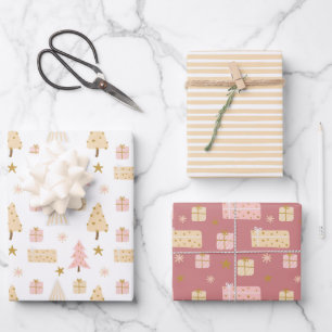 Moderne skandinavische Weihnachtsmuster Beige Pink Geschenkpapier Set