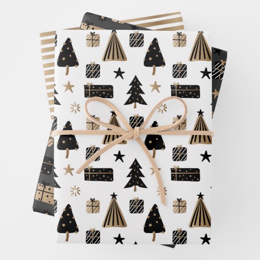 Moderne skandinavische Weihnachtsmuster Gold Black Geschenkpapier Set (Beispiel)