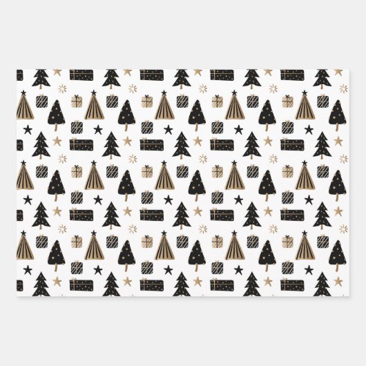 Moderne skandinavische Weihnachtsmuster Gold Black Geschenkpapier Set (Vorderseite)