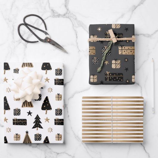 Moderne skandinavische Weihnachtsmuster Gold Black Geschenkpapier Set (Vorderseite)