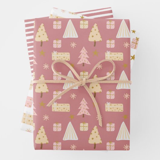 Moderne skandinavische Weihnachtsmuster Pink Beige Geschenkpapier Set (Beispiel)