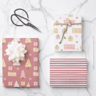 Moderne skandinavische Weihnachtsmuster Pink Beige Geschenkpapier Set