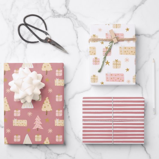 Moderne skandinavische Weihnachtsmuster Pink Beige Geschenkpapier Set (Vorderseite)