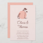 Moderne Sketch Pink Palmen einfache Strandhochzeit Einladung (Vorne/Hinten)
