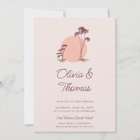 Moderne Sketch Pink Palmen einfache Strandhochzeit Einladung (Vorderseite)