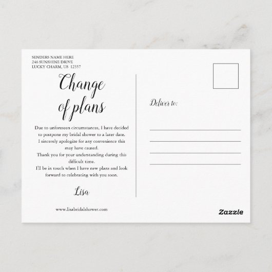 Moderne Skript-Brautparty-Änderung von Datumsfelde Postkarte (Rückseite)