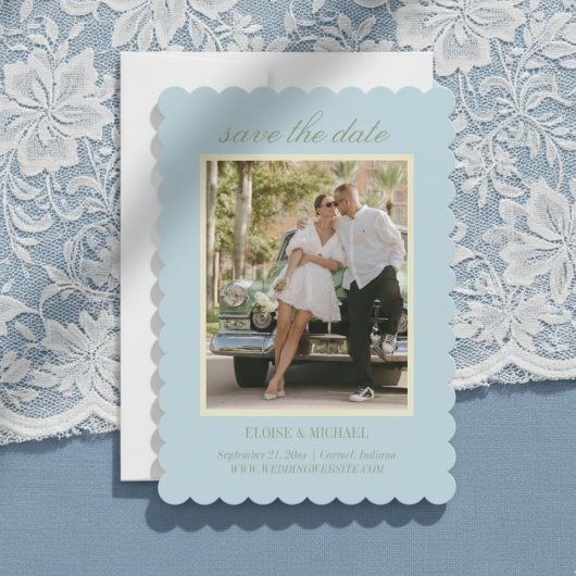 Moderne Skript Citrus Blau Hochzeitsfoto Save The Date