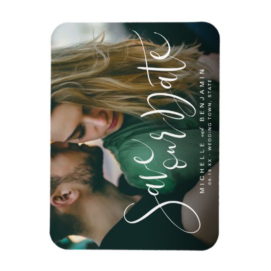 Moderne Skript-Foto Hochzeit speichern das Datum Magnet (Vertikal)