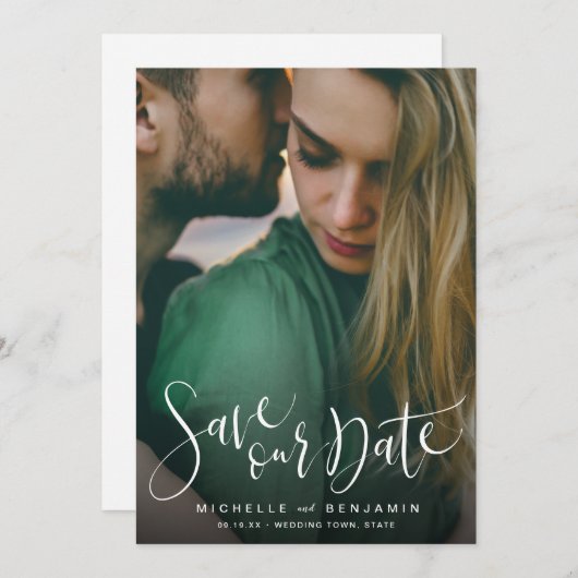 Moderne Skript-Foto Hochzeit speichern das Datum Save The Date (Vorne/Hinten)