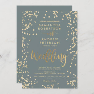 Moderne Skript Goldfolie Konfetti graue Hochzeit Einladung