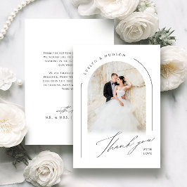Moderne Skript Minimalistische Foto-Bogen-Hochzeit Dankeskarte