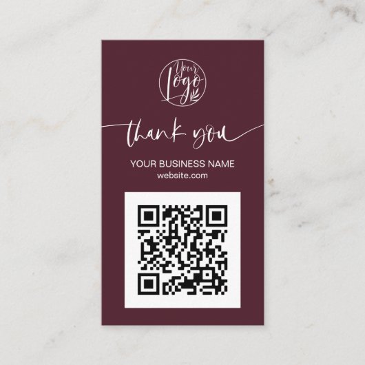 Moderne Skript QR-Code burgundy Reihenfolge danke Visitenkarte (Vorderseite)