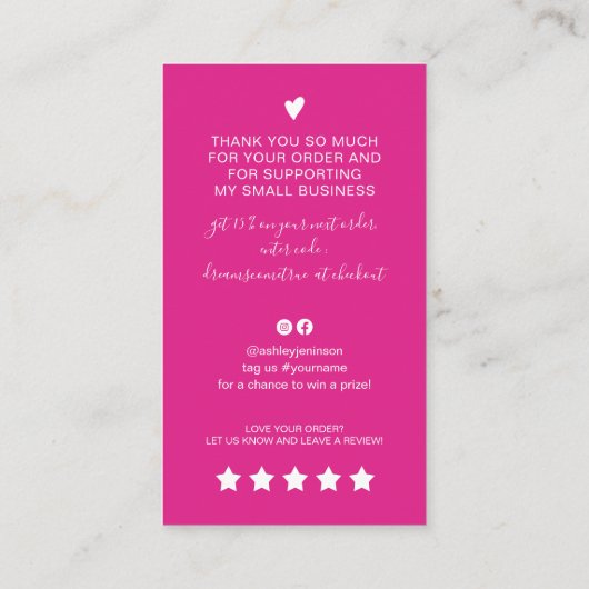 Moderne Skript QR Code Hot Rosa Reihenfolge danke Visitenkarte (Rückseite)