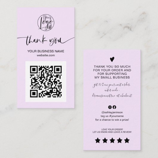 Moderne Skript QR Code Lavendel Auftrag Vielen Dan Visitenkarte (Vorne/Hinten)