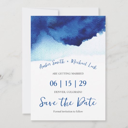 Moderne Skript-Wasserfarbe Indigo Blau Foto Save The Date (Vorderseite)