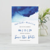 Moderne Skript-Wasserfarbe Indigo Blau Foto Save The Date (Stehend Vorderseite)