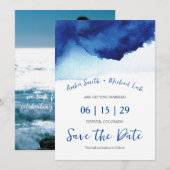 Moderne Skript-Wasserfarbe Indigo Blau Foto Save The Date (Vorne/Hinten)