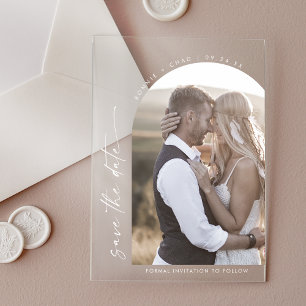 Moderne Skript Weiße Foto Hochzeit Termin vormerke Acryleinladungen