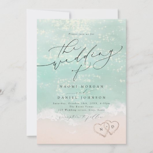 Moderne Skriptanhöre in der Hochzeit am Sandstrand Einladung (Vorderseite)