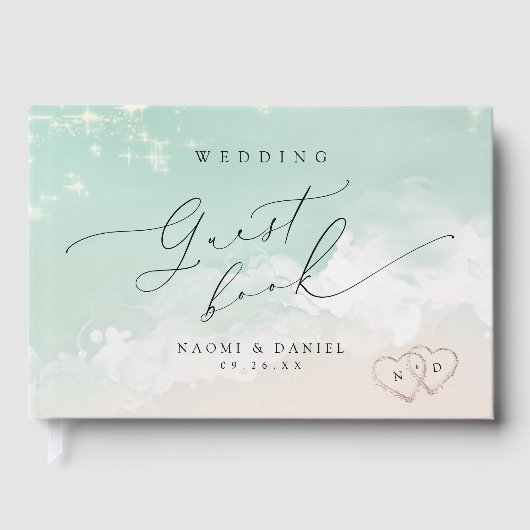 Moderne Skriptanhöre in der Hochzeit am Sandstrand Gästebuch (Vorderseite)