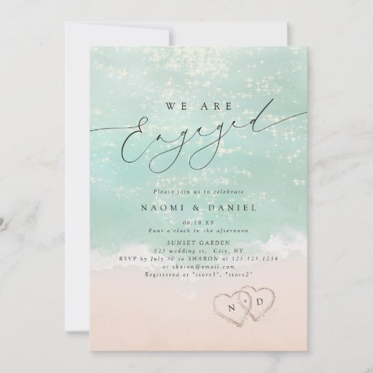 Moderne Skriptanhöre in der Sand Beach Verlobung Einladung (Vorderseite)