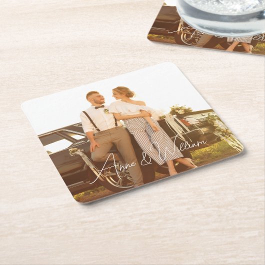 Moderne Skripte jubeln Liebe Foto Hochzeit Rechteckiger Pappuntersetzer (angewinkelt)