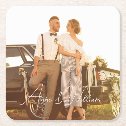 Moderne Skripte jubeln Liebe Foto Hochzeit Rechteckiger Pappuntersetzer (Vorderseite)