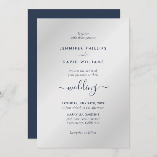 Moderne Skripte Navy Blue und Silver Wedding Einladung (Vorne/Hinten)