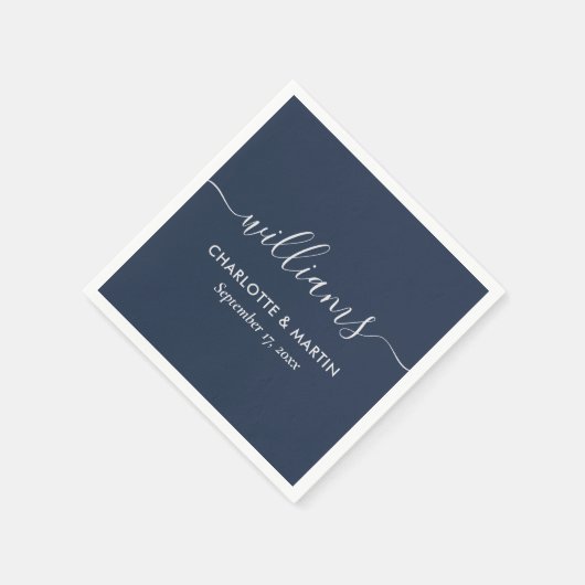 Moderne Skripte Navy Blue und Silver Wedding Serviette (Ecke)